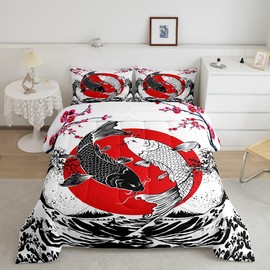 jejeloiu Kids Koi Comforter Set Twin Size Fish Bedding Set for Boys Girls Teens Bedroom Decor Red and Black Comforter Carp Ripples Duvet Set with 1 Pillow Case