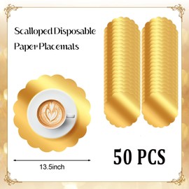 DI QIU REN 50 PCS Scalloped Gold Placemats, 13.5" Disposable Paper Placemats for Dining Table, Mirrored Gold Chargers Place Mats for Birthday Banquet, Disposable Place Mats for Party Holiday Wedding