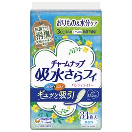 Charmnap Absorbent and Smooth Women's Panty Liner, 0.1 fl oz (3 cc), Unscented, Deodorizing Type, 34 Pieces, 6.9 inches (17.5 cm), For those with Light Urine