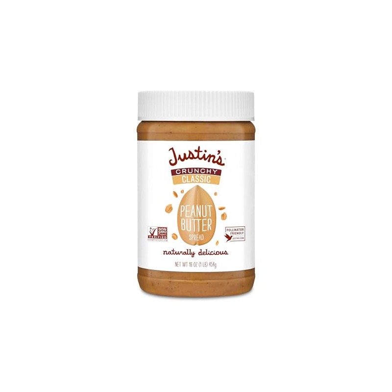 Justin's Crunchy Classic Peanut Butter 16oz. Jar, Gluten Free, Non-GMO,