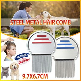 AIMALL 1/2x Flea Removal Lice Nit Head Stainless Steel Metal Hair Comb Brushes Round Durable Metal Hair Comb Anti-Slip Grip Rounded Tips for Gentle Use 4.72in
