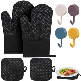 Oven Gloves, Heat Resistant, yisight 2 Oven Gloves + 2 Pot Holder Set, Heat Resistant up to 260°C, Baking Gloves with Cotton for Cooking, Baking, Grilling, Black