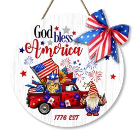 God Bless America Patriotic Door Sign 4th of July Hanging Decoration Red Truck Design with Bow Round Wooden Sign for Outdoor Indoor Porch Home Wall Decor