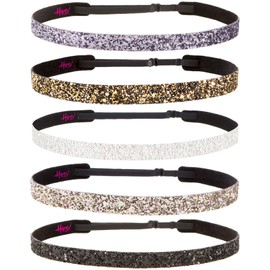 Hipsy REGULAR Size, Adjustable No Slip Sparkly Bling Glitter Skinny 5pk Headbands for Women Girls & Teens (Skinny Black/Rose Gold/Pearl/Gunmetal/Diva)