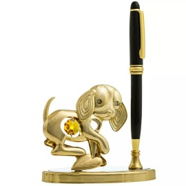 Matashi Crystal 2018 Year Of The Dog 24K Gold Plated Puppy Pen Set (Black Ballpoint) Table Top