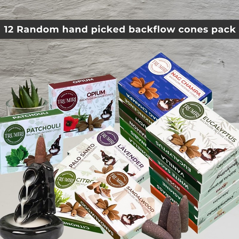 Trumiri Backflow Incense Cones for Waterfall Fountain - 12 Random