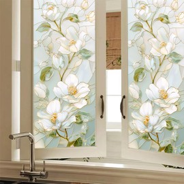 HOMETITUTE Stained Glass Window Film 17.7x39.3 inch Light Green Floral Window Privacy Film Stained Decals Static Cling Sun Blocking Decor for Home Office Windows Door Glass Partitions