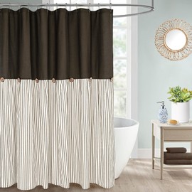 DOSLY IDÉES Farmhouse Shower Curtain,Beige and Brown Stripe,Button Curtain,Linen and Cotton Woven Fabric,Rustic Charm Country Chic Style,72x72 in