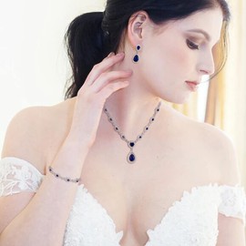 BriLove Wedding Bridal Jewelry Set for Women Cubic Zirconia Teardrop Y-Necklace Link Bracelet Drop Dangle Earrings Sapphire Color Silver-Tone