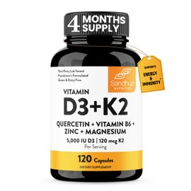 Sandhu's Vitamin D3 K2 Magnesium 5000 IU, 120mcg K2 Capsules 120 Count (Pack of 1) | with VIT B6, Zinc & Quercetin | D3K2 Supports Superior Absorption, Energy, Immune, Muscle Health for Men & Women