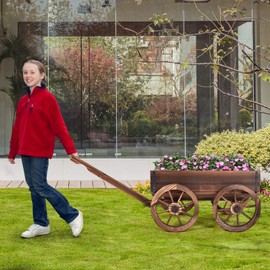 S AFSTAR Wooden Flower Planter Wagon, Rolling Pot Stand for Outdoor Garden Decor