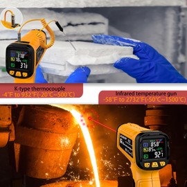Industrial Infrared Thermometer Gun, -58°F to 2732°F (-50°C to 1500°C), Dual-Mode Temp Gun with K-Type Thermocouple Probe, High/Low Alarm, for Furnace, Kilns, HVAC, and Surface Measurements