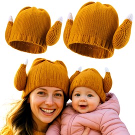 Toulite 2 Pcs Thanksgiving Turkey Hats for Adults Warm Knitted Roasted Turkey Leg Hats Funny Chicken Crochet Beanie Costume