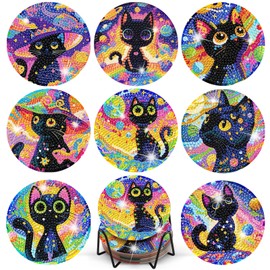 TLIOBLO 8 Packs Cat Diamond Painting Coasters with Holder, DIY Diamond Art Coasters Colorful Cat for Adults, Drink Coasters with Cork Backing for Table Protection Decoration