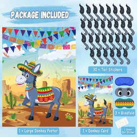 WNSIRVY Pin The Tail On The Donkey Mexican Donkey Party Games Poster with 30 Pcs Tails Stickers for Kids Birthday Mexican Fiesta Carnival Party Favors