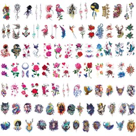 102 Sheets Waterproof Temporary Tattoos Stickers for Adult Women, Girls or Kids, Fake Tattoos Made with Semi-Permanent Tattoo Paper, Includes Flowers, Butterflies and Multi-Colored Body Art.