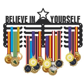SUPERDANT Sports Medal Hanger Display Believe in Yourself Medal Holder Wall Mount Medals Hanging Hooks 5 Rows 20 Hangers Metal Display Rack Iron Race Ribbon Award Organizer for Athletes