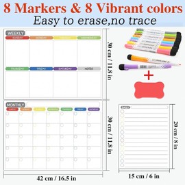 Magnetic Dry Erase Calendar Whiteboard Set (3-Pack) for Refrigerator, Wall, and Fridge Organization with Monthly, Weekly, and Daily Notepads. Comes with 8 Markers and 1 Eraser