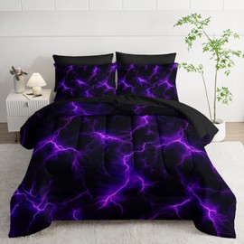 Nttopship Violet Lightning Comforter Set Queen Thunder Bedding Sets 7PCS,LightLight Violet 7 Piece in A BagLight Violet Lightning Bedding Set 7 Piece in A Bag,Bed Sheet Set Violet Lightning Decor