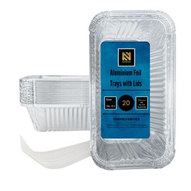 NUNOCHO Aluminium Foil Trays with Lids. Food Containers Pack of 20 No. 6a 650ml. Disposable Takeaway boxes, Reusable, Baking, Roasting, Freezer, Air Fryer