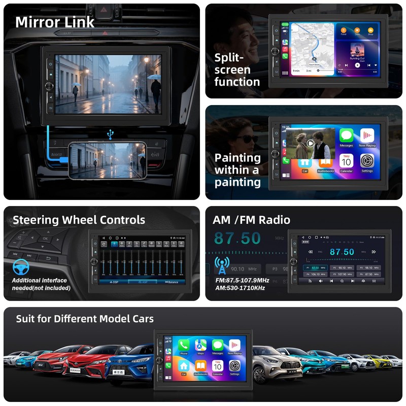 Haudio 7" Double Din Car Stereo with Wireless Apple CarPlay/Android