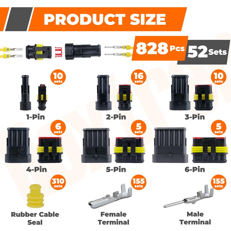 Noxtren 828Pcs 52 Sets Waterproof Automotive Electrical Wire Connectors with