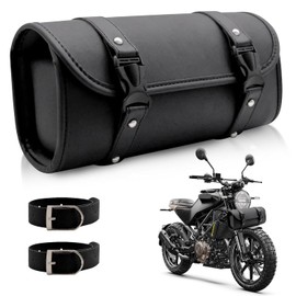 Universal Motorcycle Saddle Bag, Motorcycle Tool Bag, PU Leather Waterproof Tool Bag, Round Storage Bag, 2 Mounting Straps, Black
