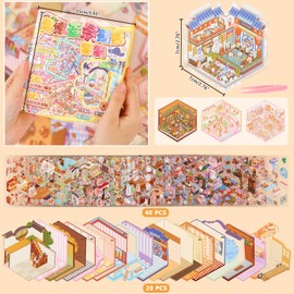 HOMICO 20 Designs 3D Sticker Scene Make Your Own House Shop DIY Stickers with Tweezers Cute Animals Stickers 3D Miniature Scene Stickers