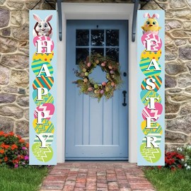 1 pair of Easter party supplies - Happy Easter porch sign Hello chicks, welcome banner at the front door, spring themed bunny door decoration D004