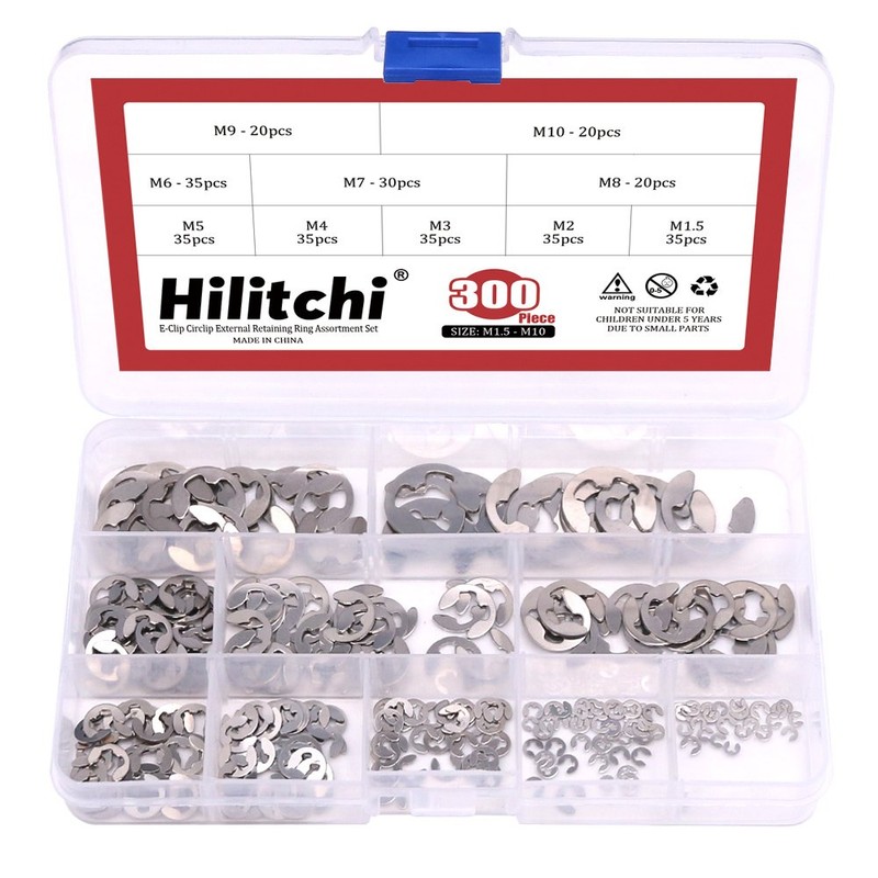 Hilitchi 300-Pcs 304 Stainless Steel E-Clip Circlip External Retaining Ring