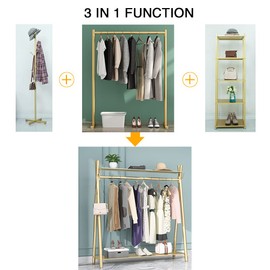 Clothes rack Gold, Freestanding Industrial Garment Rack with Double shelves Multi-functional Bedroom Hanging Clothing Rack,Heavy Duty Movable Coat Rack for Organizing Clothes and Shoes (47'' L)