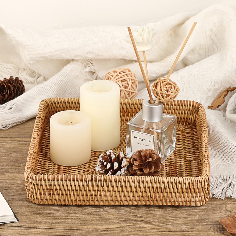 Hipiwe Key Basket Tray for Entryway Table Rattan Serving Tray