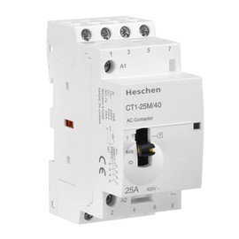 Heschen Modular Household AC Contactor, CT1-25M/40, 25A, 4 Pole, 4NO, Four Normally Open; 220VAC Coils, 35mm DIN Rail Mounting, with Manual Control Switch