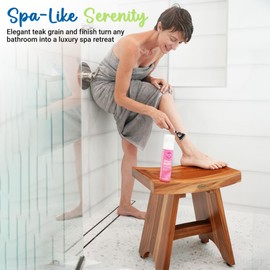 EcoDecors Serenity Teak Shower Bench – 18 Inch, Natural Finish, 300 Pound Capacity Safe & Stable Seating | Waterproof Wood Stool for Bathroom | Compact & Stylish | Built-in Shelf
