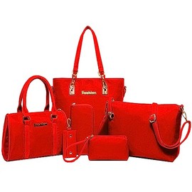 FiveloveTwo Women Ladies 6 Pcs Handbag Set Hobo Top Handle Bag Totes Satchels Crossbody Shoulder Bags and Purse Clutch Red