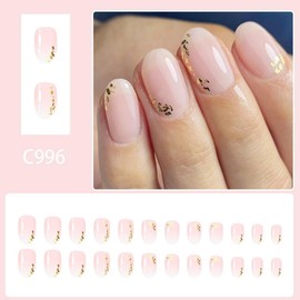Short Almond Press on Nails Pink Fake Nails with Gold Glitter Design Sparkly Summer False Nails Glossy Skin Tones Stick on Nails Reusable Full Cover Acrylic Nails for Women Girls Manicure 24Pcs