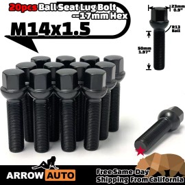 ARROW 20x Black 14x1.5 Lug Bolt 50mm Fit C300/GLA250 &Mercedes StockRim 20-25mm Spacer