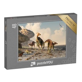 puzzleYOU: 48 Piece Puzzle "A 3D Illustration: Three Parasaurolophus" - from the Dinosaur Puzzle Collection