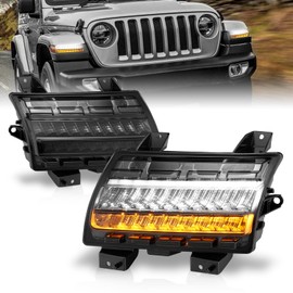 AmeriLite for 2018-2020 Jeep Wrangler JL Halogen Type [Full LED DRL] Sequential Bumper Parking Lamp Turn Signal Smoke Lights Set - Passenger and Driver Side