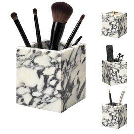 PROLEE Calacatta Viola Marble Toothbrush Holders for Bathroom,Natural Marble Pen Holder and Makeup Brush Holder,Stone Square Countertop Organizer for Remote Controls,Keys,Candles Container