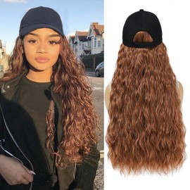 AliRobam Synthetic Hair Wig Hat with Curly Wave hair attached for woman Baseball cap wig Water Wave Hairstyle Adjustable Wig (dark brown, 22inch)