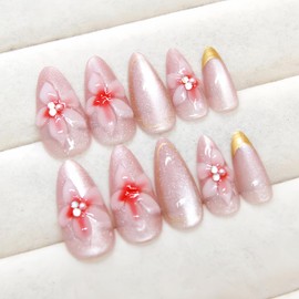 3D Carving Flower Press on Nails Medium Almond Fake Nails Glossy Spring Full Cover Gold French Tips False Nails with Floral Designs Artificial with Charms Glue Stick on Fingernails for Women Girls