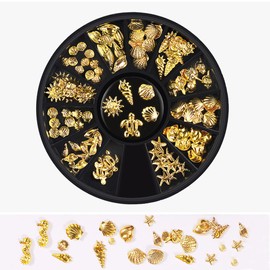 12Styles Nail Art Metal Studs Gold Metallic 3D Pieces Rivet Palm Tree Turtles Marine Life Charms for Summer Beach Ocean Manicure DIY Acrylic Nails Design Supply (Gold Ocean Studs)