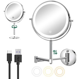 Anfauny 8" Rechargeable Wall Mounted & Tabletop Lighted Makeup Mirror - Height Adjustable & 10X Magnifying LED Vanity Mirror - 3 Color Dimmable Lights - 360° Swivel Extendable Light Up Bathroom Mirror