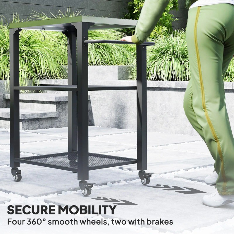 3-Shelf Outdoor Grill Cart with Stainless Steel Tabletop Movable Pizza