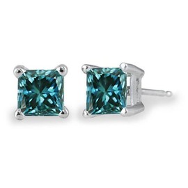 PARIKHS Princess Cut Blue Diamond Stud Earrings – 0.06ct AAA Quality – 14K White Gold
