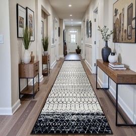 Beeiva Moroccan Runner Rug 2x8, Washable Hallway Runner with Non Slip Backing, Ultra Thin Low Pile Sofft Geometric Printed Rugs for Entryway, Bathroom, Laundry - Black/Cream