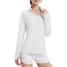 TACVASEN Women's T-shirt, Sunscreen, Sports Top, UV Protection, UPF 50+, Quick Drying, Sweatshirt, Zip-up, Stand Collar, Solid Color, Includes Finger Holes, Spring, Summer, Autumn, white