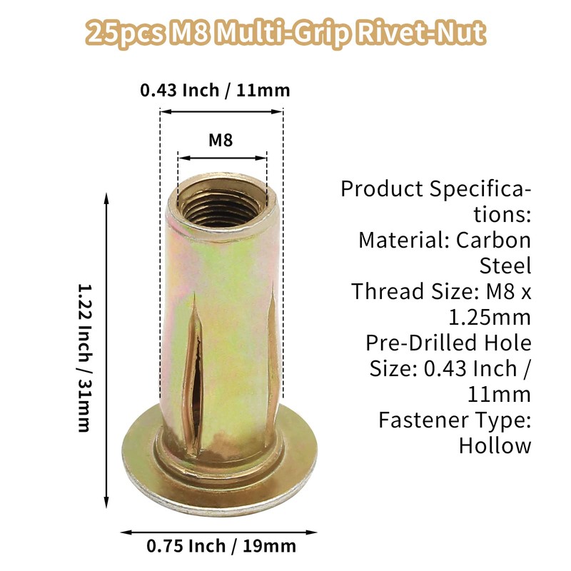 Qjaiune 25pcs Multi-Grip Rivet-Nut Pre Bulbed Threaded Inserts, M8 Rivet
