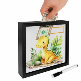 7.8 x 7.8 Inch Wooden Shadow Box Frame with Shelves Slot - Watercolor Dinosaur Money Savings Bank with Marker Pen, Coin Saving Box Piggy Banks, Birthday Gift for Families, Home & Office Decor - A10